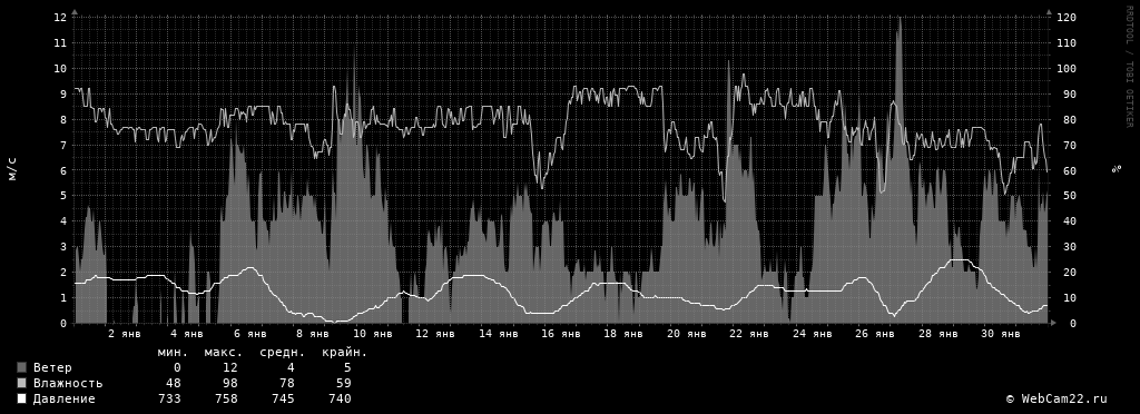 Ветер, влажность, давление за месяц Январь 2019 года