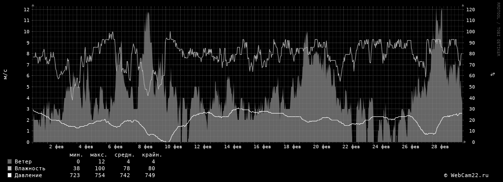 Ветер, влажность, давление за месяц Февраль 2020 года