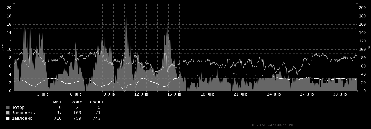 Ветер, влажность, давление за месяц Январь 2024 года