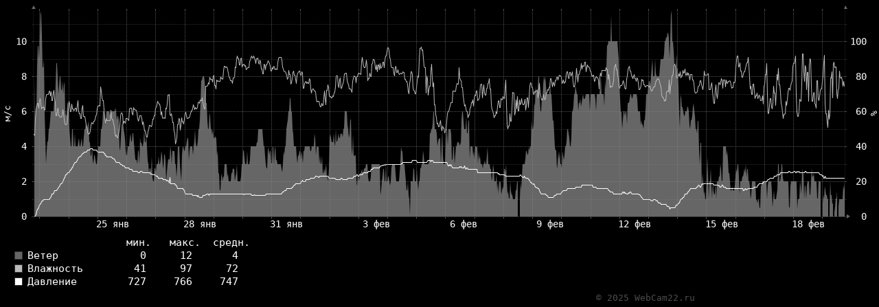 Ветер, влажность, давление за месяц Февраль 2025 года